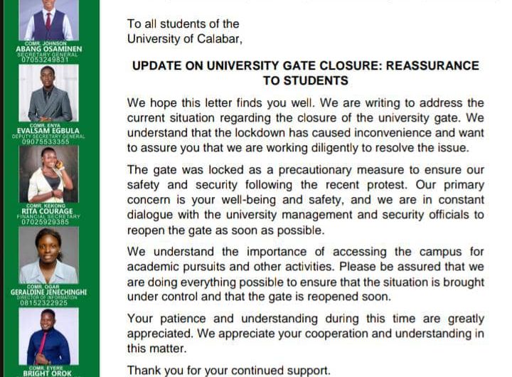 UNICAL Gate Closure: SUG Assures Students Of Working Diligently To Resolve The Issue