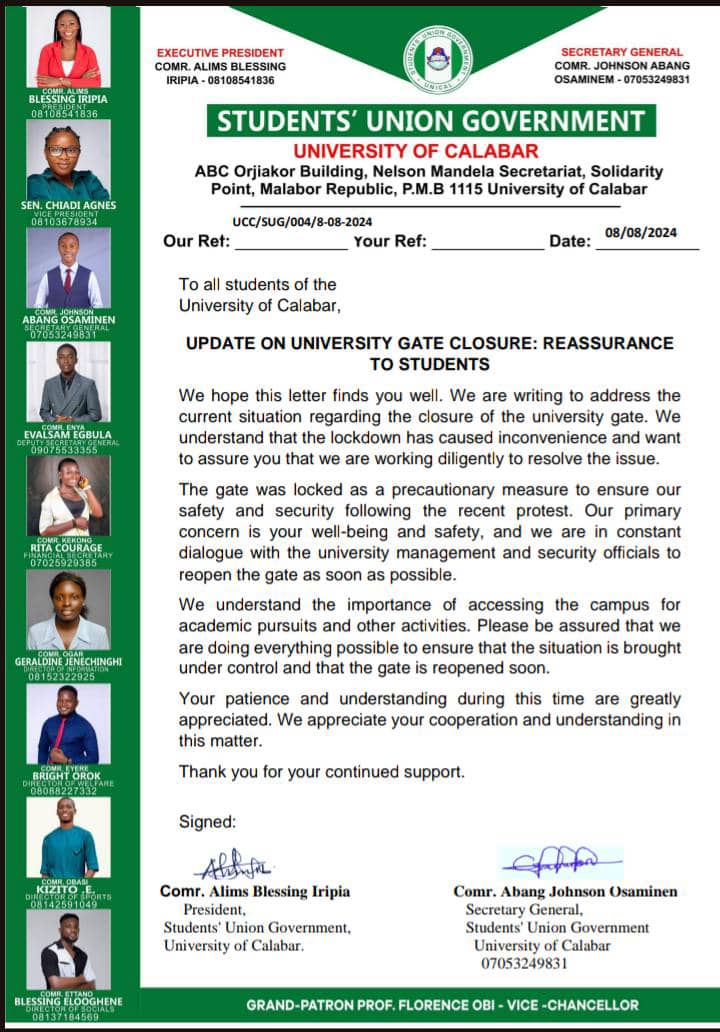 UNICAL Gate Closure: SUG Assures Students Of Working Diligently To Resolve The Issue