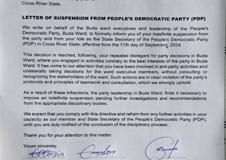 Buda Ward PDP Suspends Cross River State Secretary, Mr Anthony Edako, For Alleged Anti-party