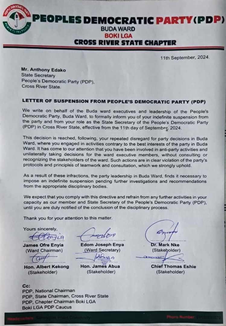 Buda Ward PDP Suspends Cross River State Secretary, Mr Anthony Edako, For Alleged Anti-party