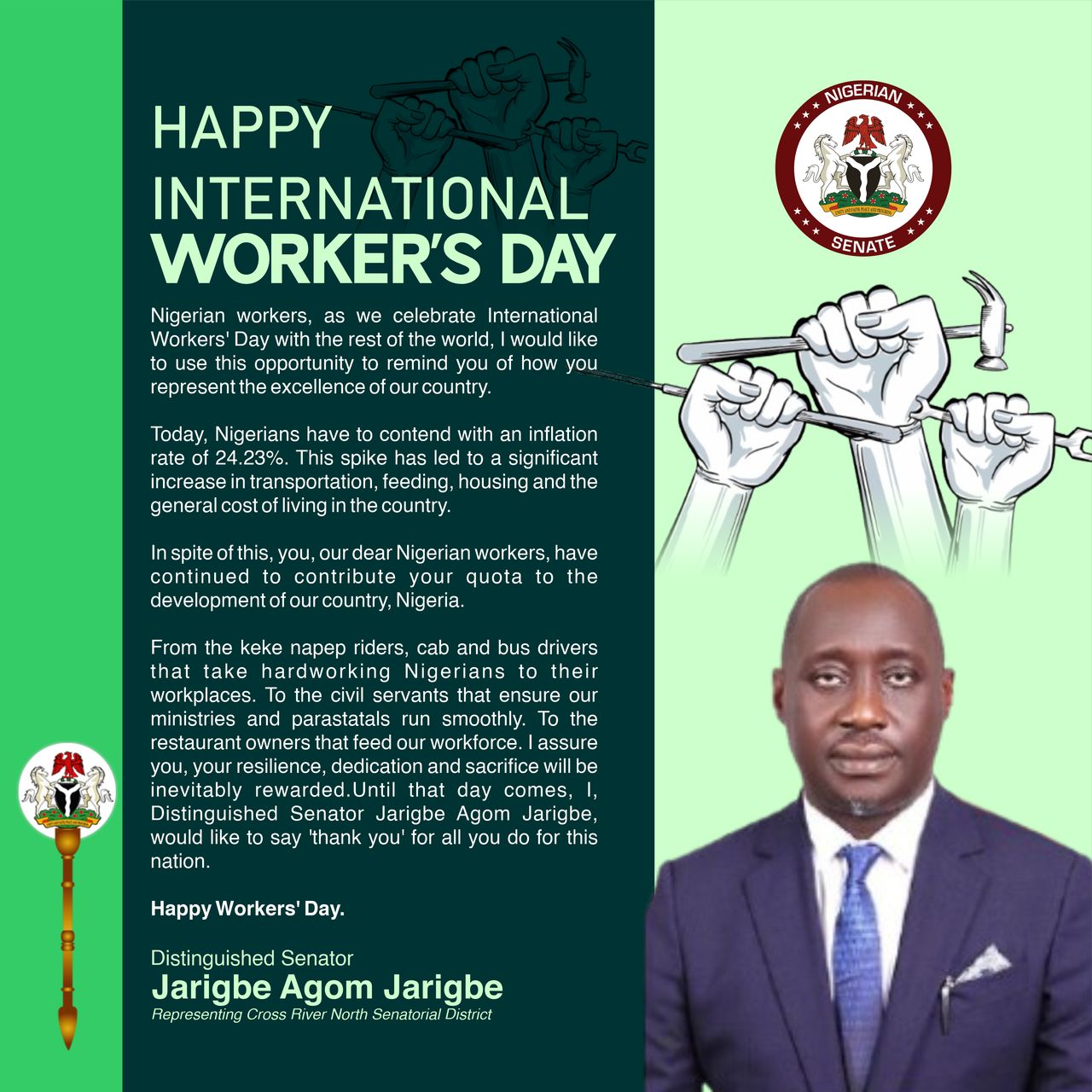 Jarigbe Felicitates Nigerian Workers On 2025 International Worker’s Day