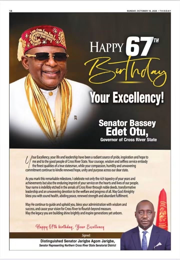 Jarigbe Felicitates Cross River Governor Bassey Otu on 67th Birthday